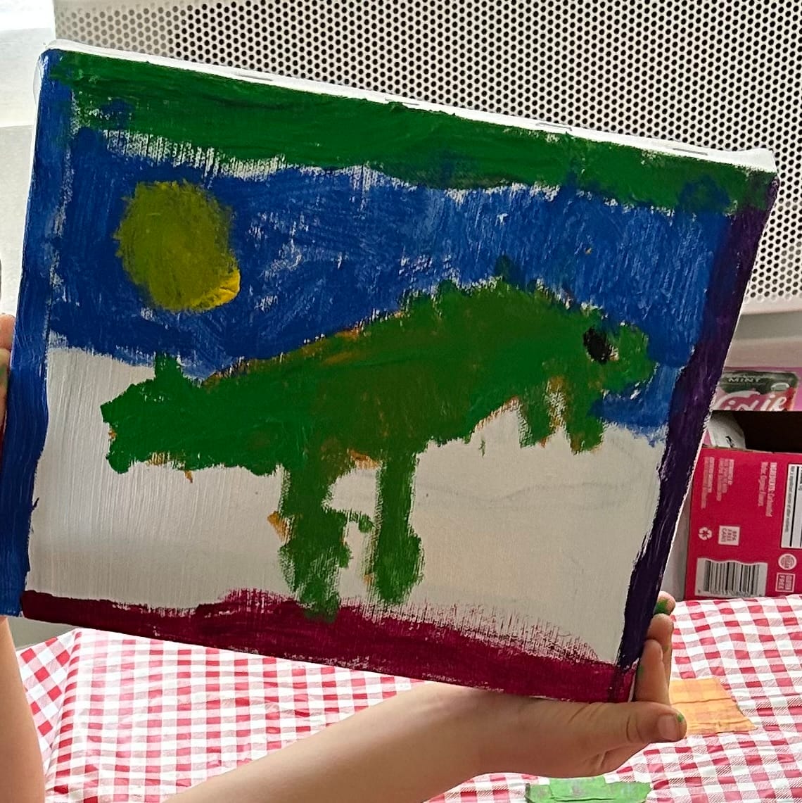 A child's T. Rex painting, in acrylic on canvas.