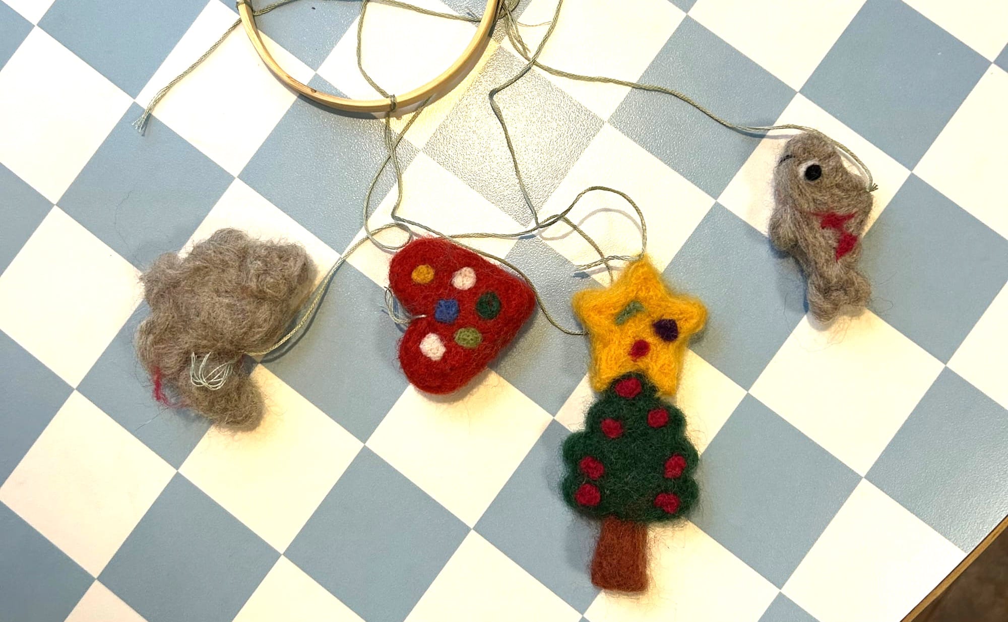 Needle-felted pieces made by a child using a cookie cutter for shaping.